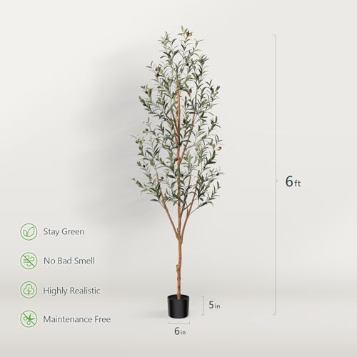 Artificial Olive Tree 6FT Tall Faux Silk Plant for Home Office Decor Indoor Fake Potted Tree with Natural Wood Trunk and Lifelike Fruits