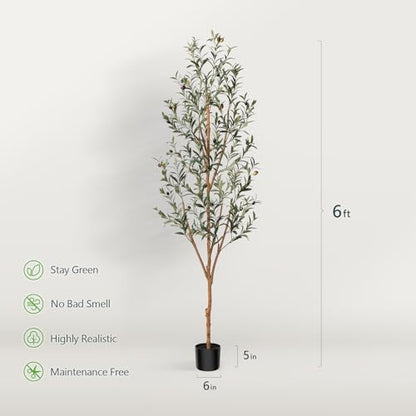 Artificial Olive Tree 6FT Tall Faux Silk Plant for Home Office Decor Indoor Fake Potted Tree with Natural Wood Trunk and Lifelike Fruits