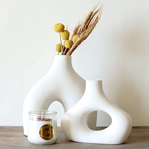 Vase Donut, Lot de 2 - Vase Donut creux en céramique blanche minimaliste nordique