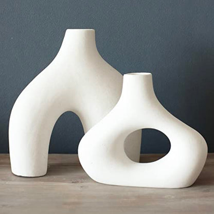 Vase Donut, Lot de 2 - Vase Donut creux en céramique blanche minimaliste nordique