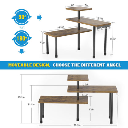 Organisateur de comptoir, étagère d'angle mobile à 3 niveaux (brun rustique)