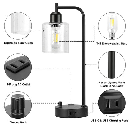 Lot de 2 lampes de table industrielles pour chambres à coucher - Lampes de chevet entièrement réglables avec USB