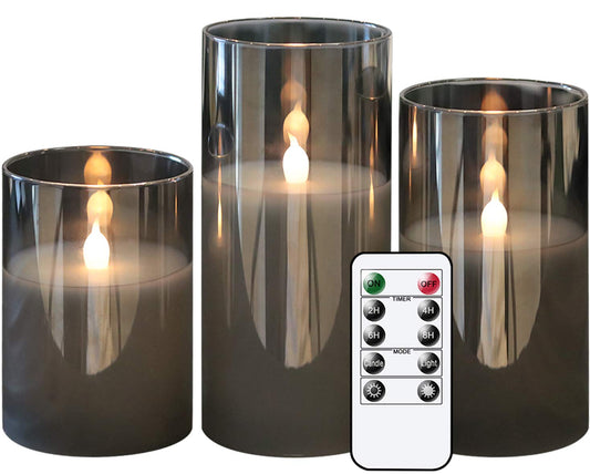 Bougies LED sans flamme à piles en verre gris avec télécommande à 10 touches et minuterie