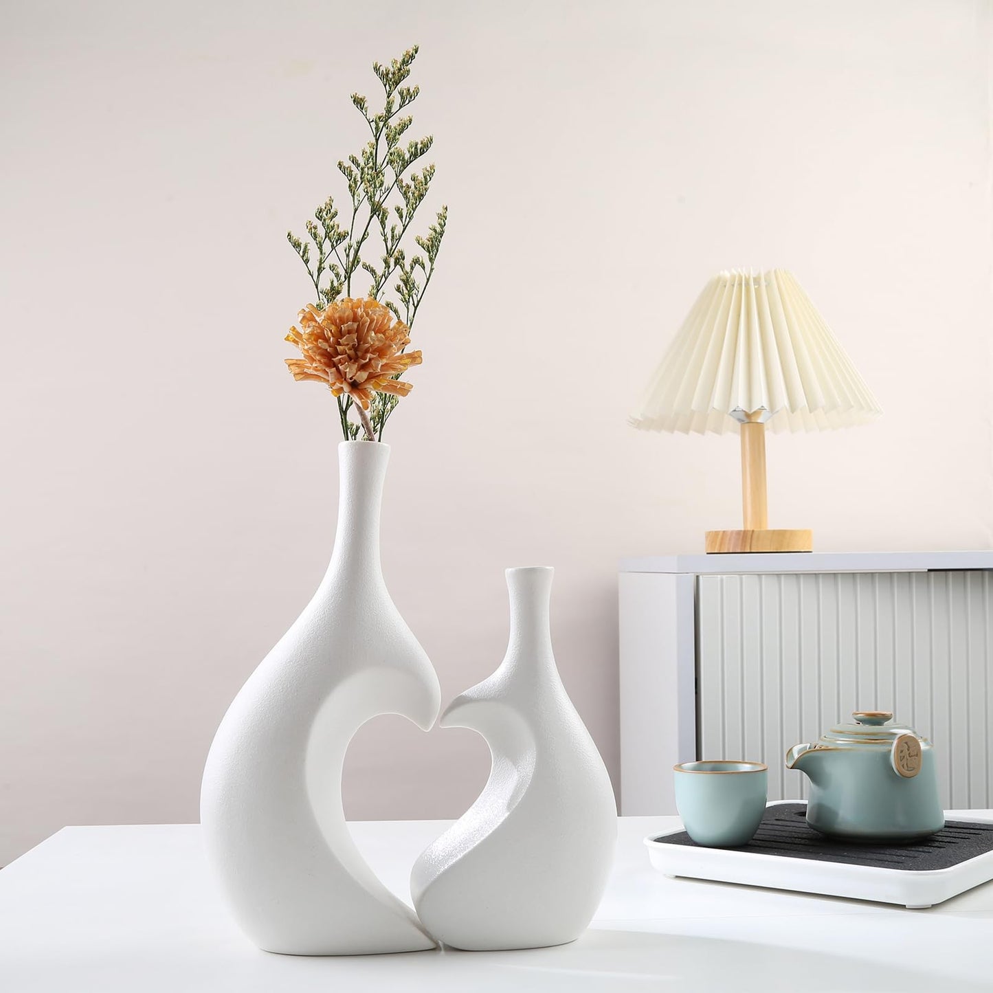 Lot de 2 vases en céramique blanche en forme de cœur (blanc)