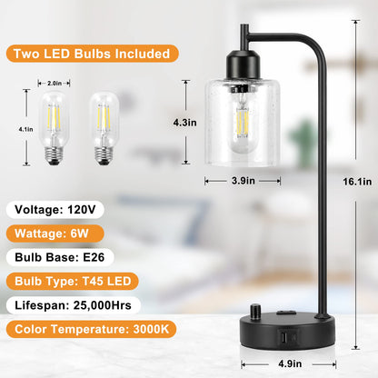 Lot de 2 lampes de table industrielles pour chambres à coucher - Lampes de chevet entièrement réglables avec USB