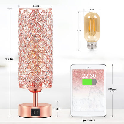 Lampe de table en cristal, lampe en or rose avec ports USB C+A, lampe tactile à intensité variable à 3 voies avec abat-jour en cristal