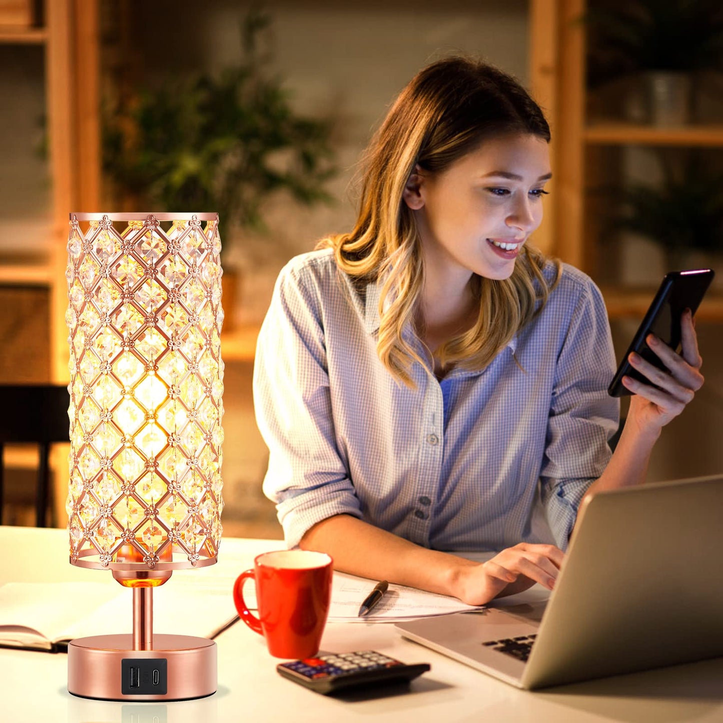 Lampe de table en cristal, lampe en or rose avec ports USB C+A, lampe tactile à intensité variable à 3 voies avec abat-jour en cristal