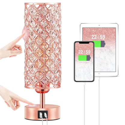 Lampe de table en cristal, lampe en or rose avec ports USB C+A, lampe tactile à intensité variable à 3 voies avec abat-jour en cristal