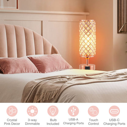 Lampe de table en cristal, lampe en or rose avec ports USB C+A, lampe tactile à intensité variable à 3 voies avec abat-jour en cristal