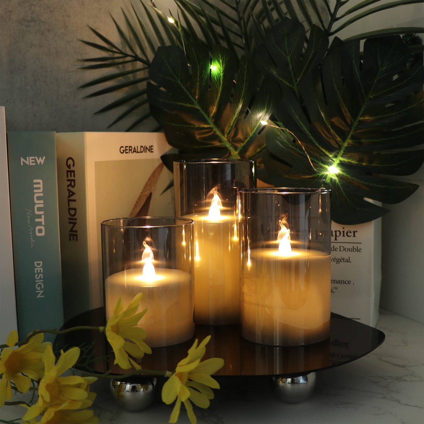 Bougies LED sans flamme à piles en verre gris avec télécommande à 10 touches et minuterie