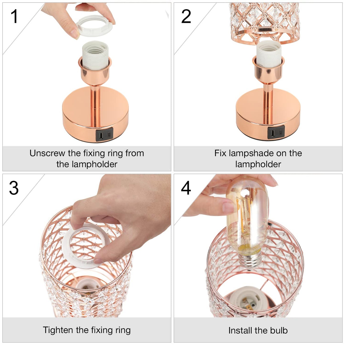 Lampe de table en cristal, lampe en or rose avec ports USB C+A, lampe tactile à intensité variable à 3 voies avec abat-jour en cristal