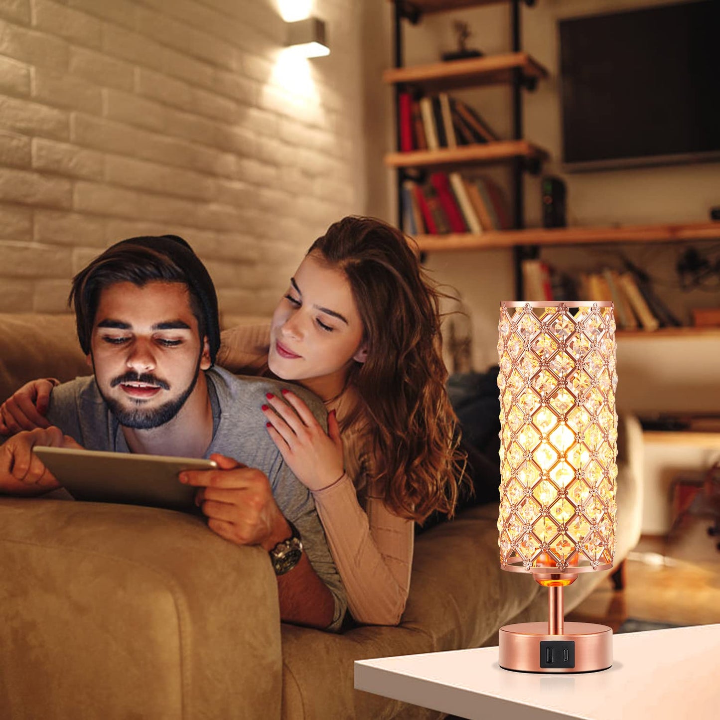 Lampe de table en cristal, lampe en or rose avec ports USB C+A, lampe tactile à intensité variable à 3 voies avec abat-jour en cristal