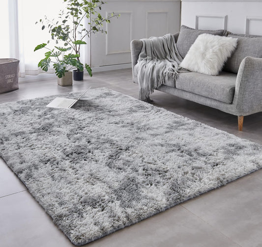 Shag Area Rug, 4'x6' Tie-Dyed Light Grey Indoor Ultra Soft Plush Rugs for Living Room