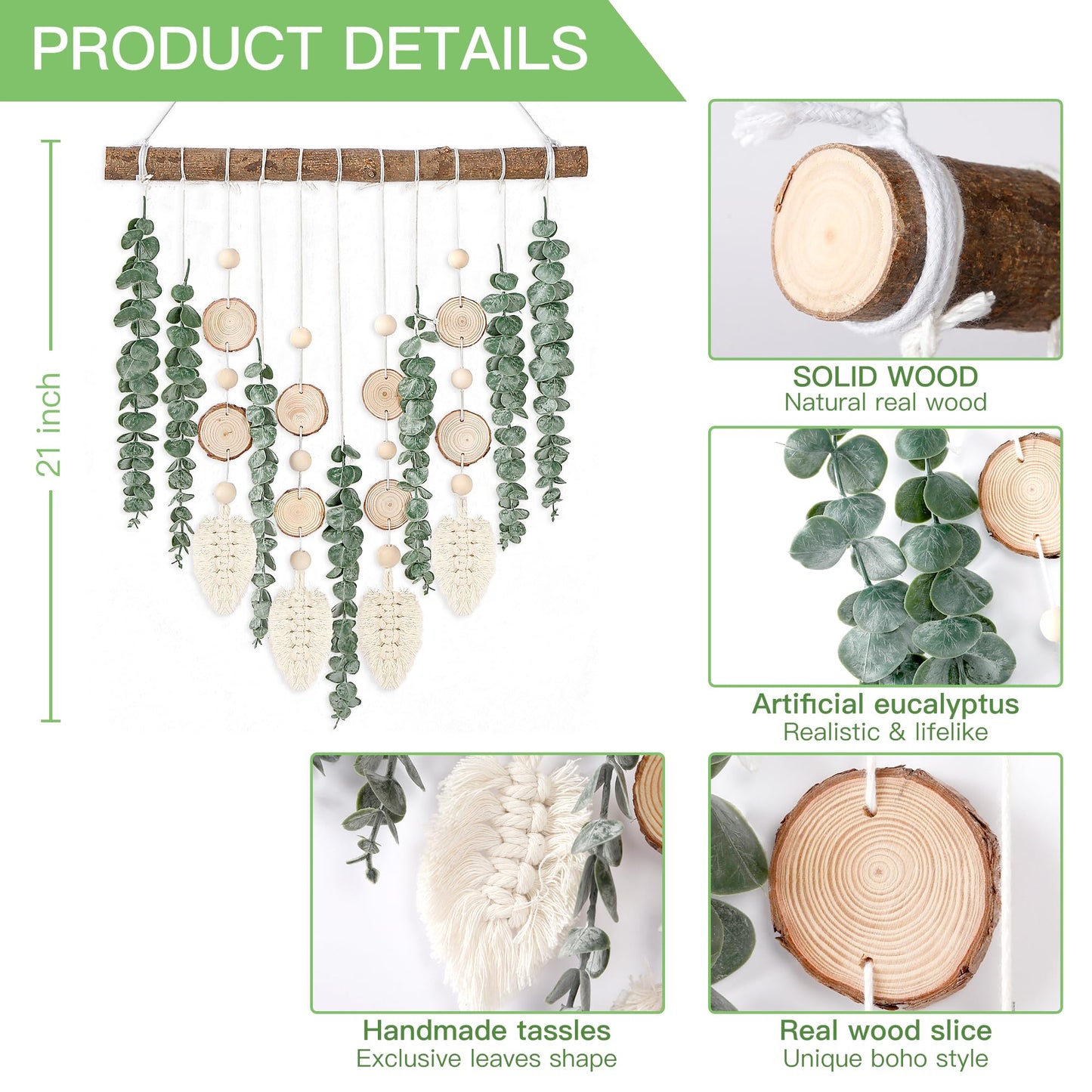 21’’ Eucalyptus Wall Hanging Decor Artificial Eucalyptus Plant Fake Greenery Leaves Boho Wall Decor with Wooden Stick