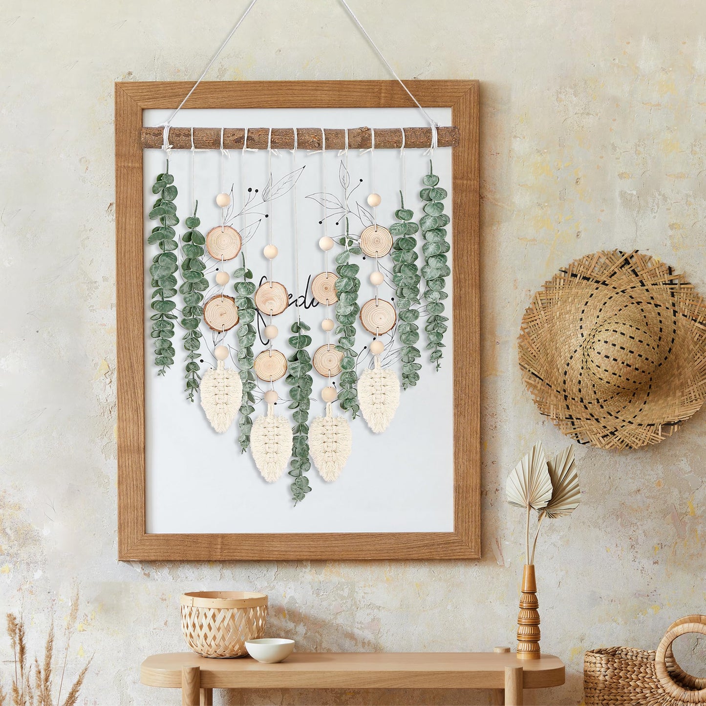 21’’ Eucalyptus Wall Hanging Decor Artificial Eucalyptus Plant Fake Greenery Leaves Boho Wall Decor with Wooden Stick